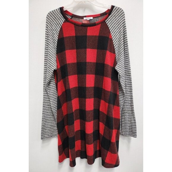 white birch Dresses & Skirts - White Birch Womens BOHO Sweater Dress XL Black Red Plaid Soft Knit Long Sleeve